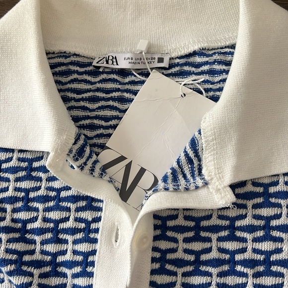 Zara Blue and White Jacquard Geo Tennis Prep Retro Polo Top Size Small NWT - Picture 3 of 9
